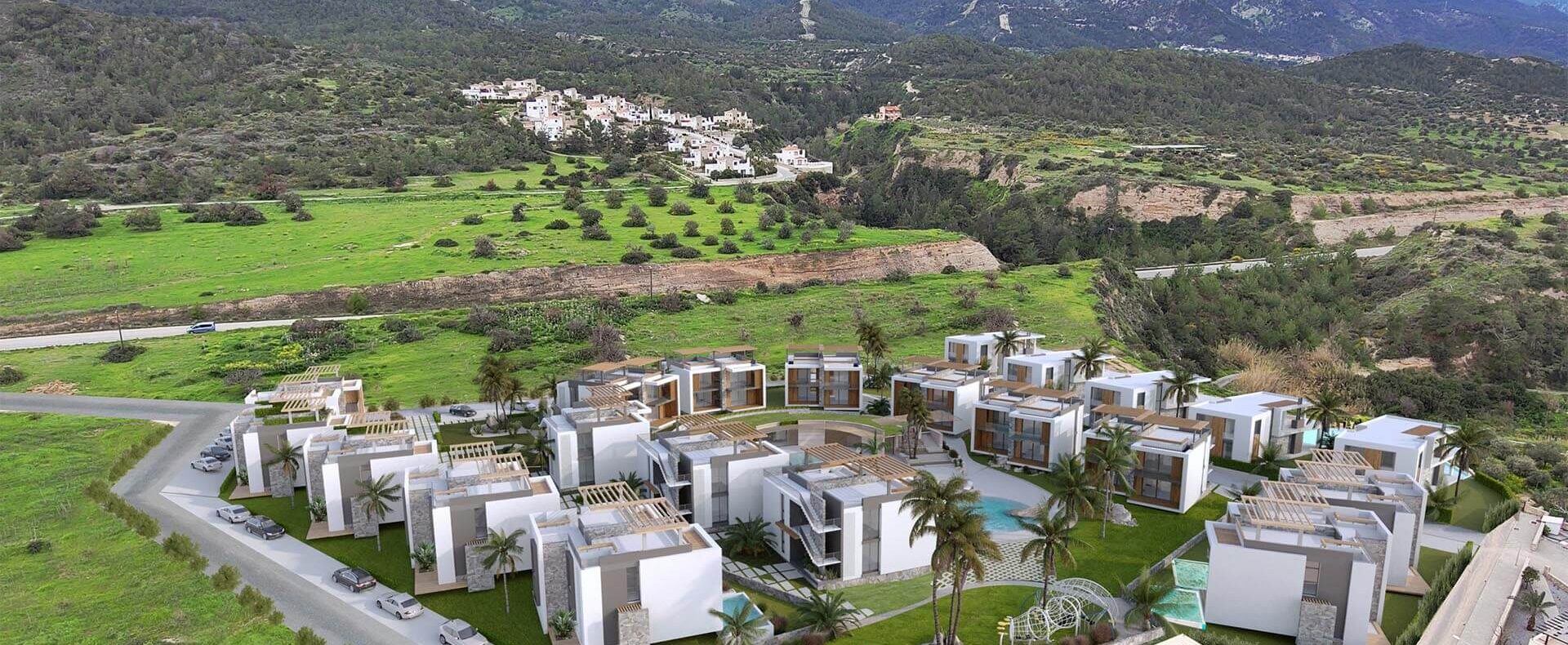 Girne Bahçeli Satılık 1+1 Daire Dağ ve Deniz Manzaralı