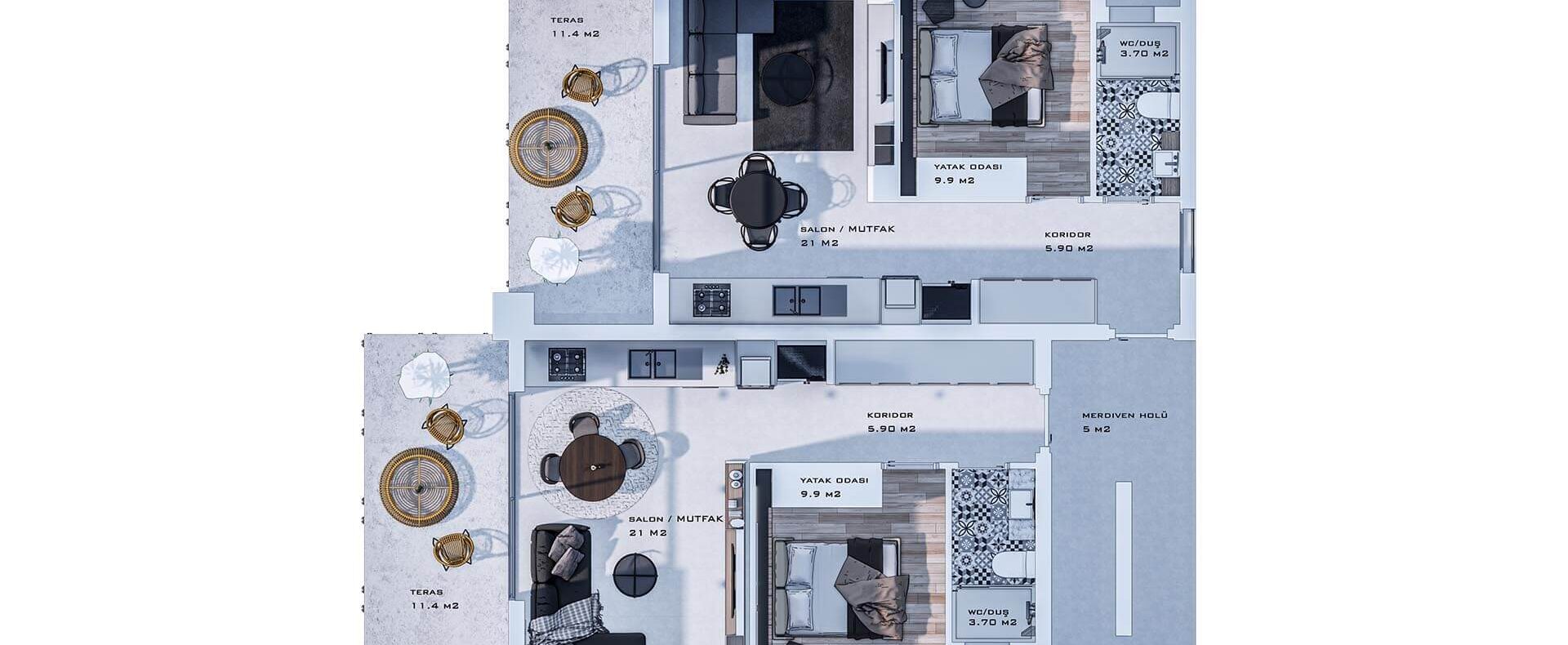 Girne Bahçeli Satılık 1+1 Daire Kat Planı B Tipi