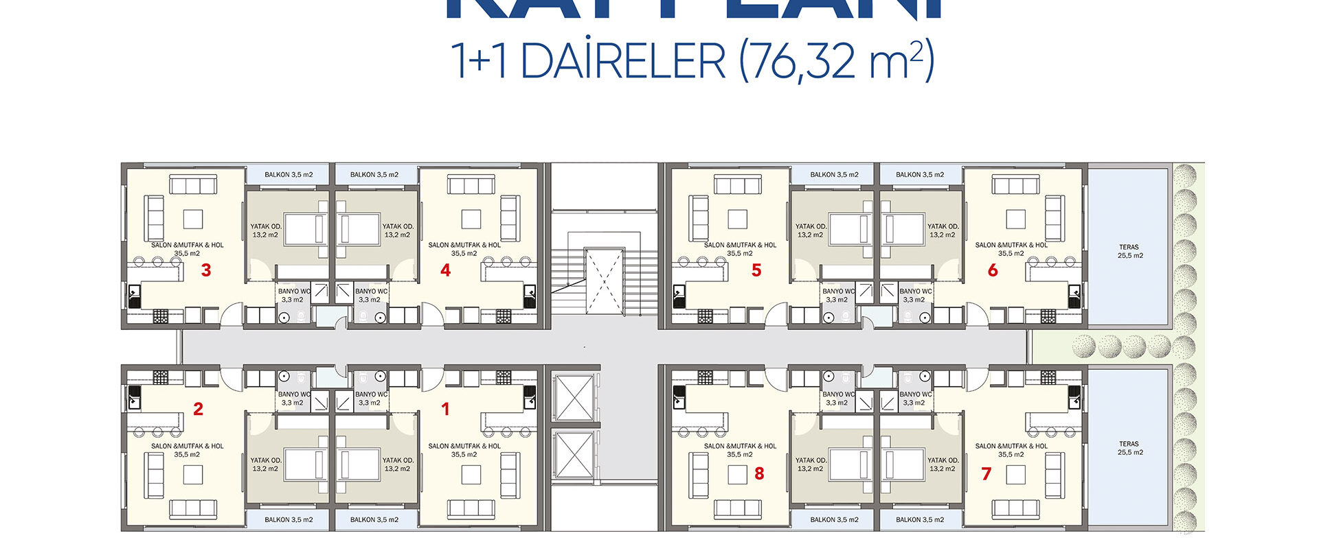 Kıbrıs Güzelyurt Satılık 1+1 Daire Kat Planı